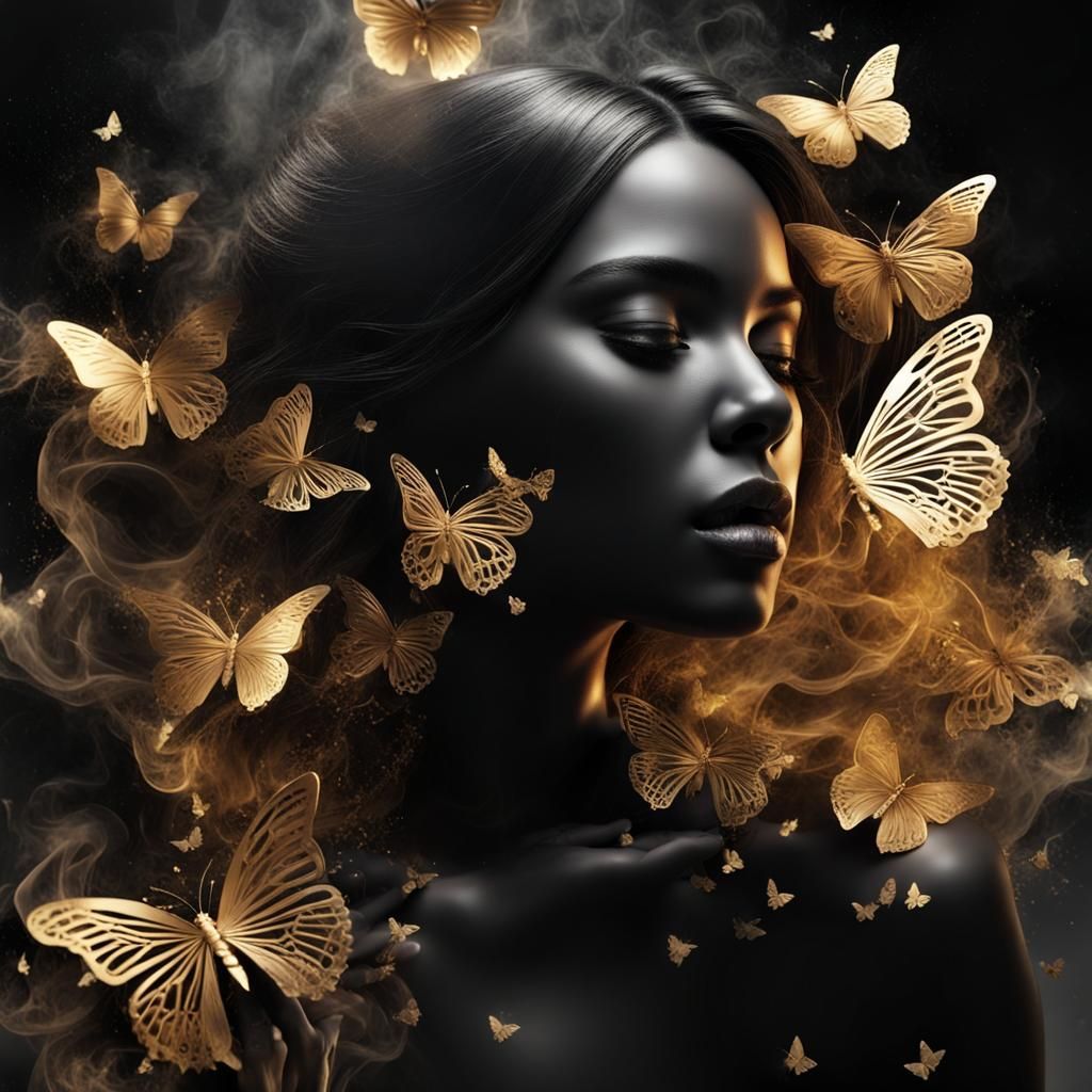 Woman with Flowers and Butterflies on Black 3D Background