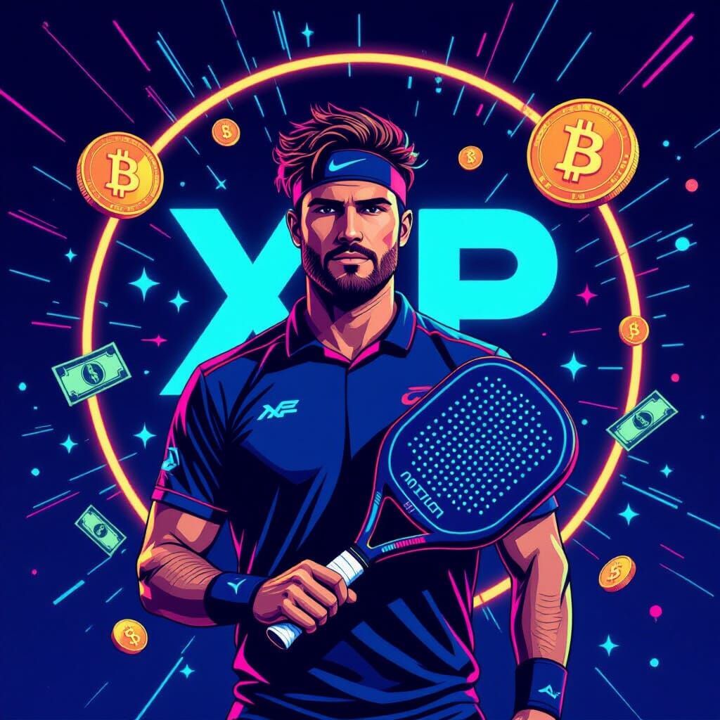 Padel Player Surrounded by Crypto, in Futuristic Style