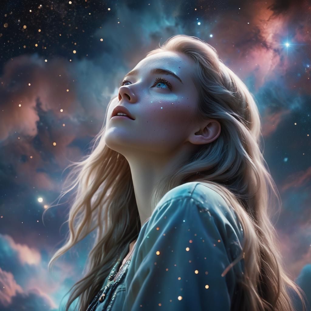 Dreamy Portrait of Girl Gazing at Nebula