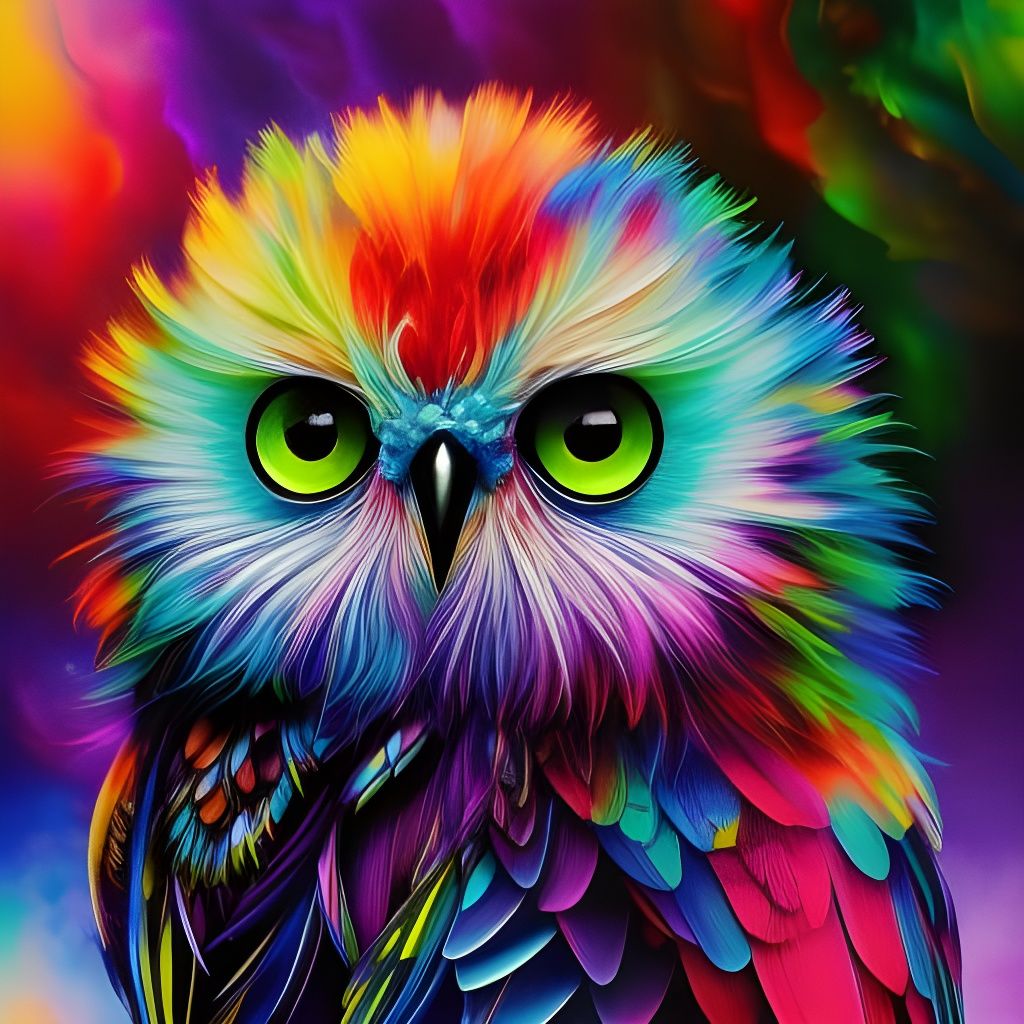 Rainbow Chibi Owl Portrait in Inkblot Style