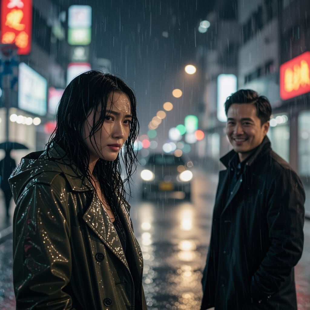 Woman in Rain on City Street in Cinematic Style
