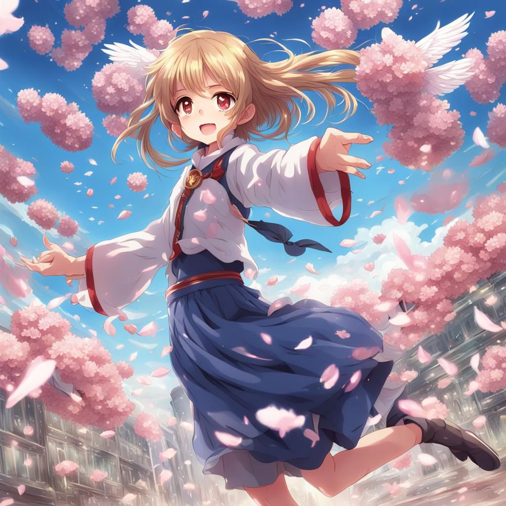 Anime Girl with Blossoms in Japanese Manga Style