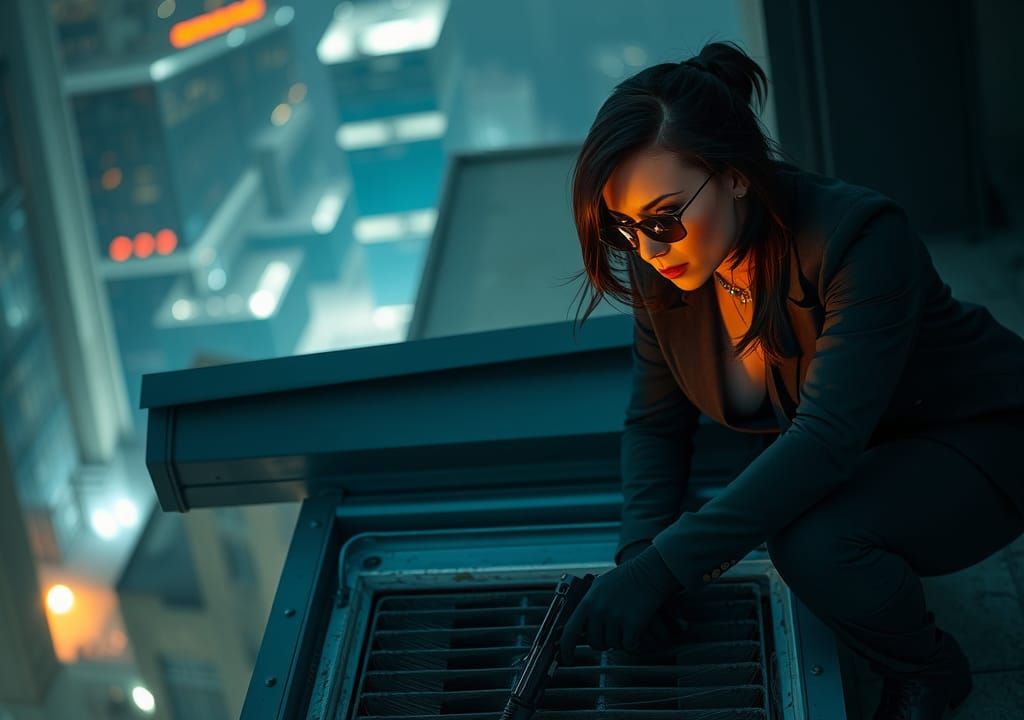 Stealth Assassin on Rooftop in Noir Style