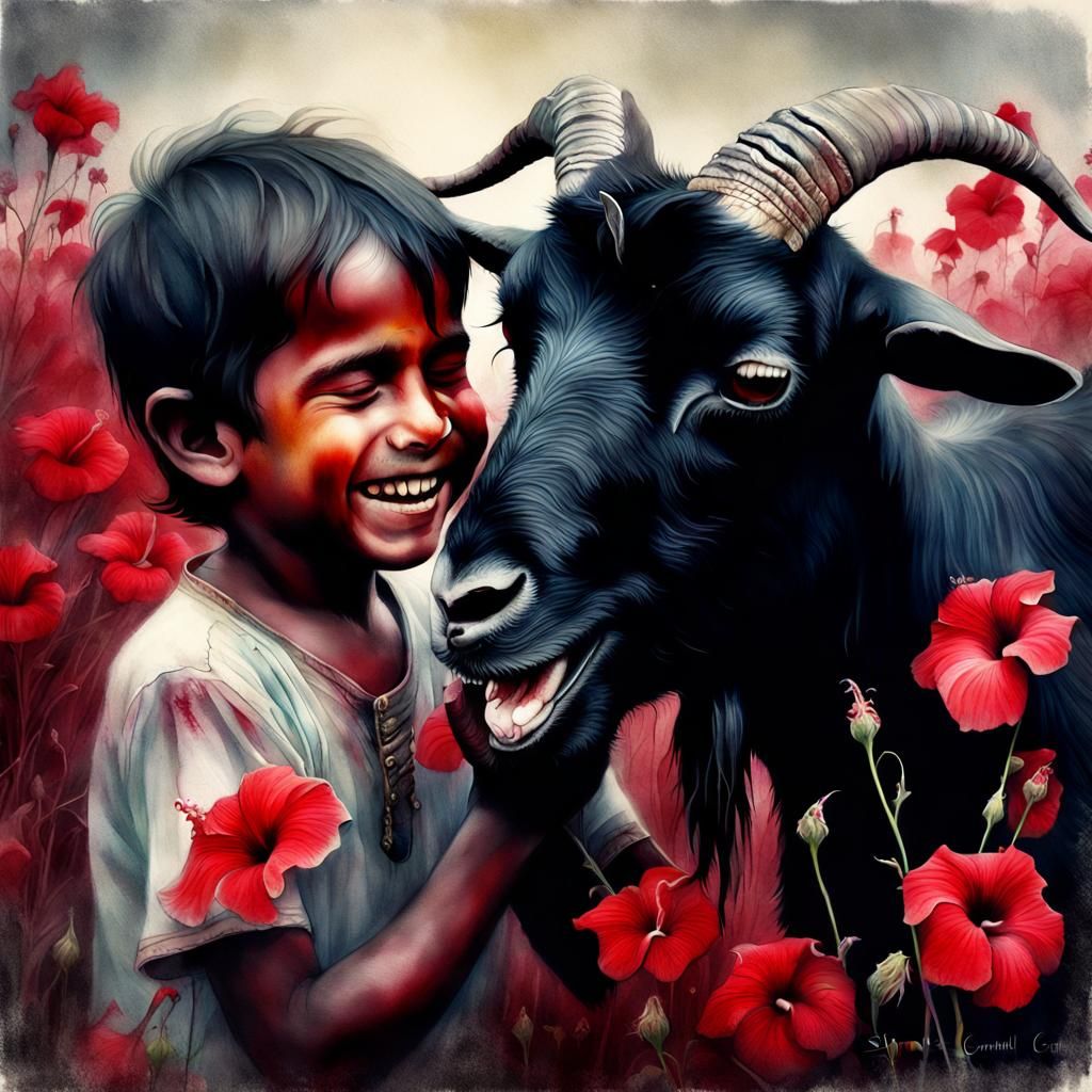 Boy and Goat in Hibiscus Field, Ethereal Photo