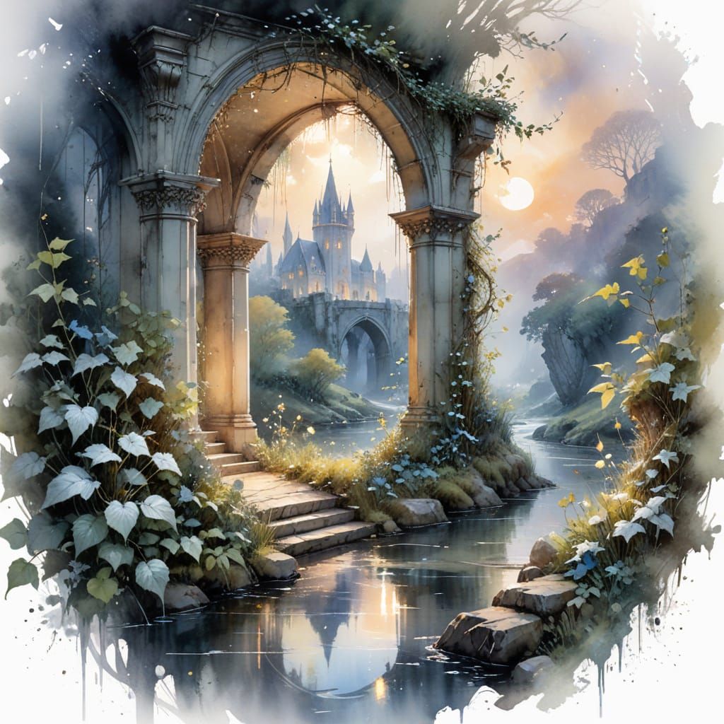 Moonlit Avalon Keep in Watercolor Style