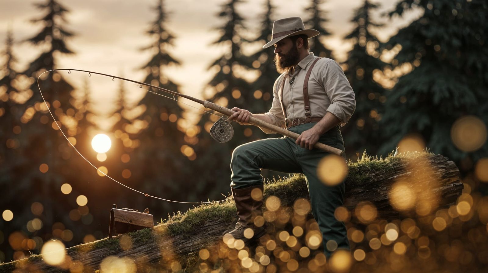 Vintage Travel Poster of Angler Lumberjack at Sunset