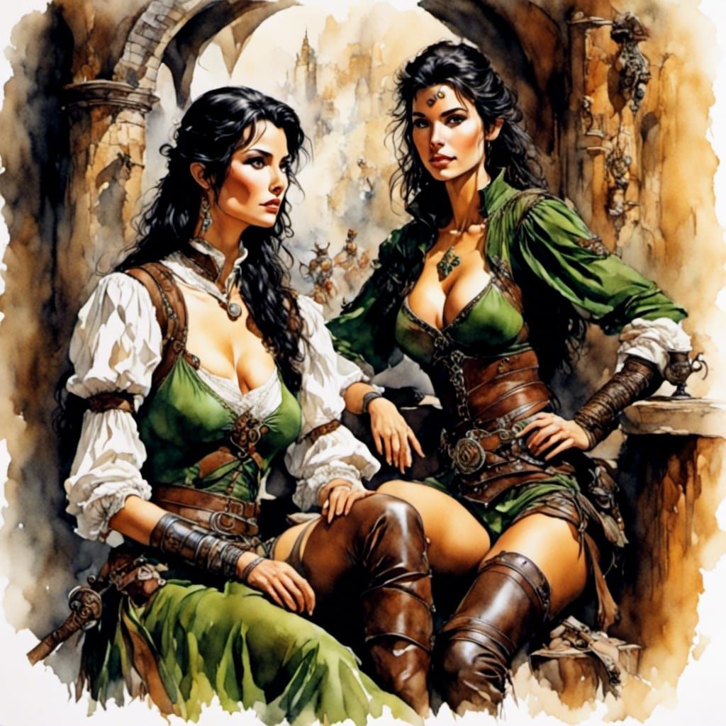 Elf Fighter in Tavern, Romantic Watercolor Style