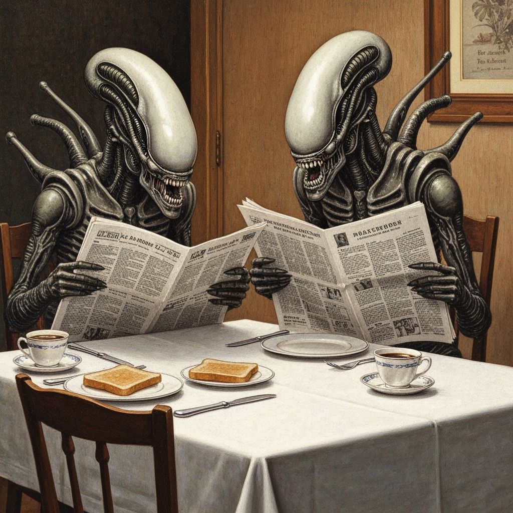 Xenomorphs Enjoying Breakfast in Norman Rockwell Style