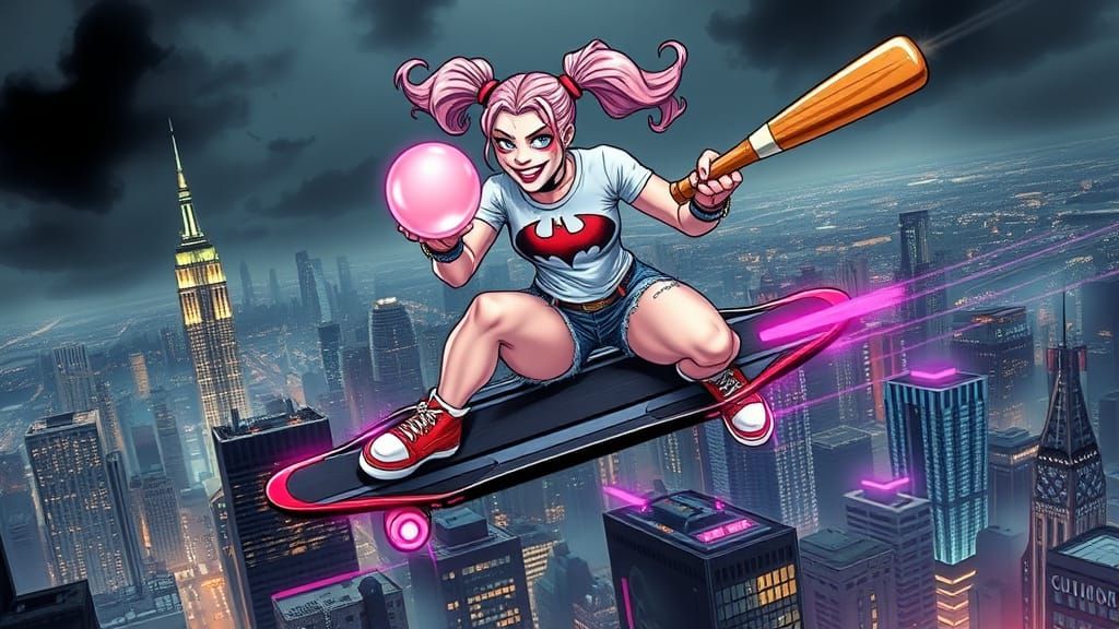 The comic book villain Harley Quinn, ridding a flying skateb...