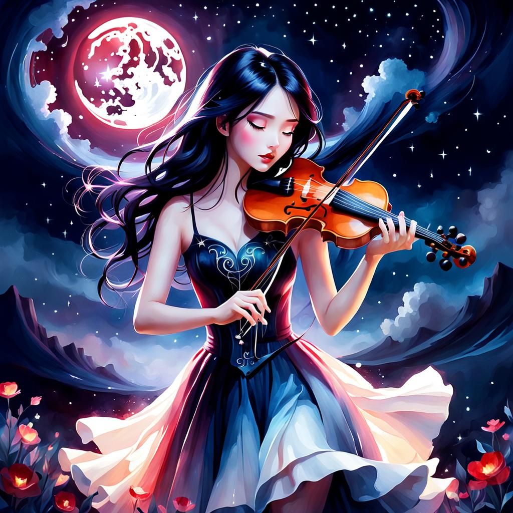 Mystical Watercolor Girl Playing Violin Under Red Moon
