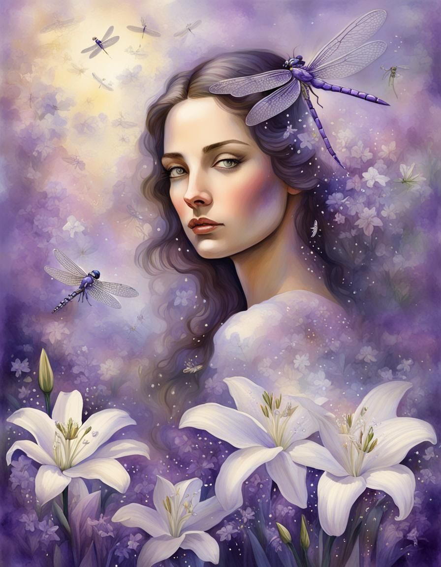 Woman with Lilies and Dragonflies in Watercolor Style