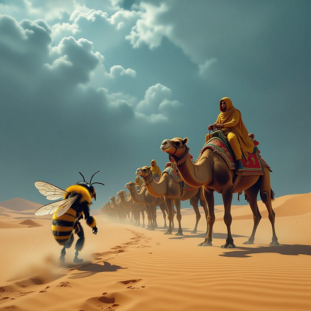 Bee Leads Camel Caravan Through Stormy Desert Landscape