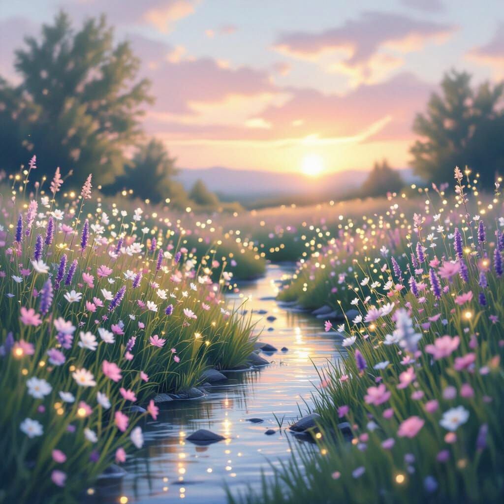 Enchanted Meadow with Fairy Lights and Wildflowers