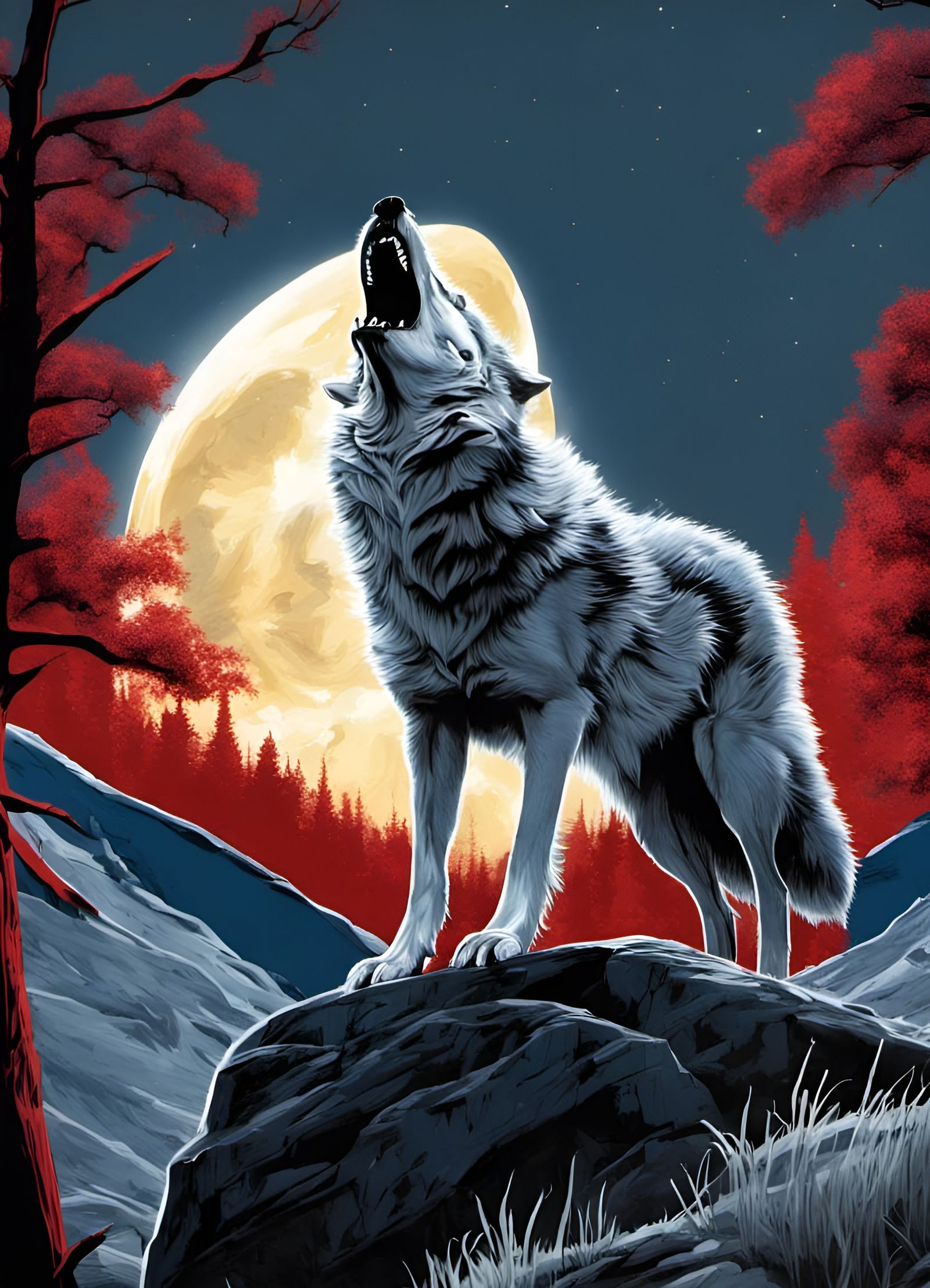 Transparent Wolf Howling at Moonlit Mountain