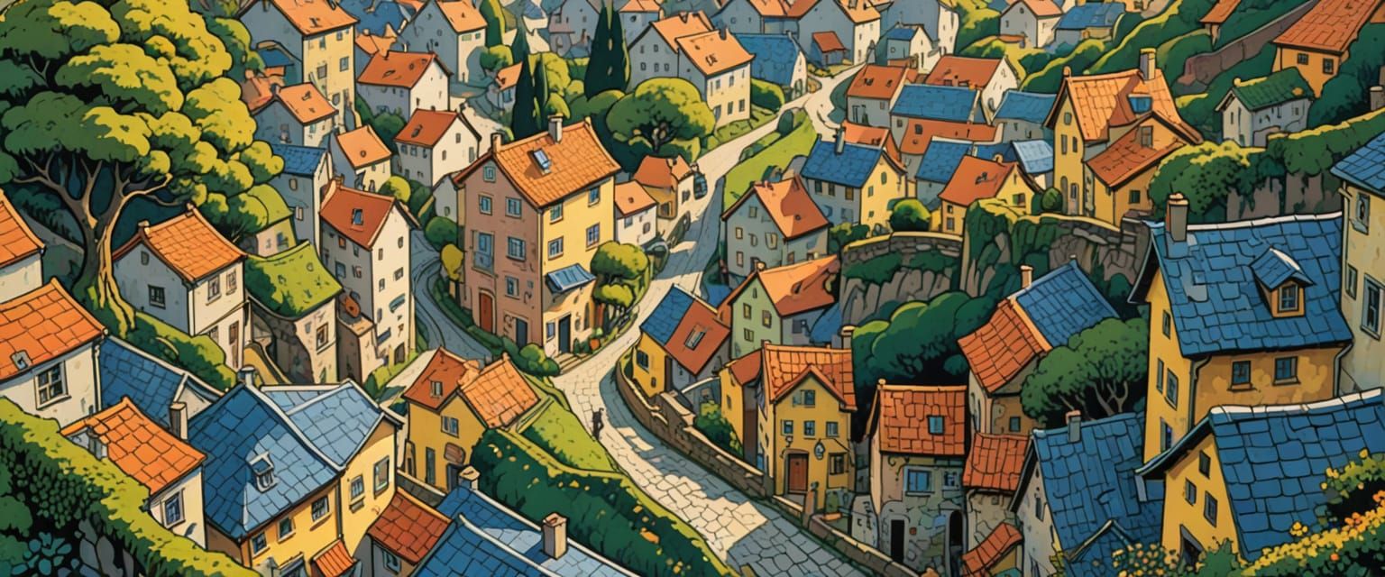 Colorful Village Scene in Comic Book Style