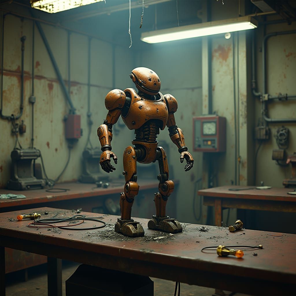Worn Robot in Dilapidated Lab, Industrial Futurism