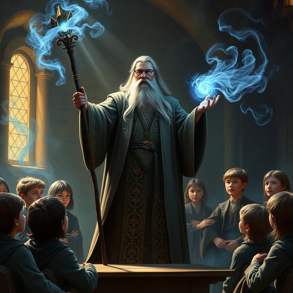 Wizard Teaching Magic in Dark Fantasy Style