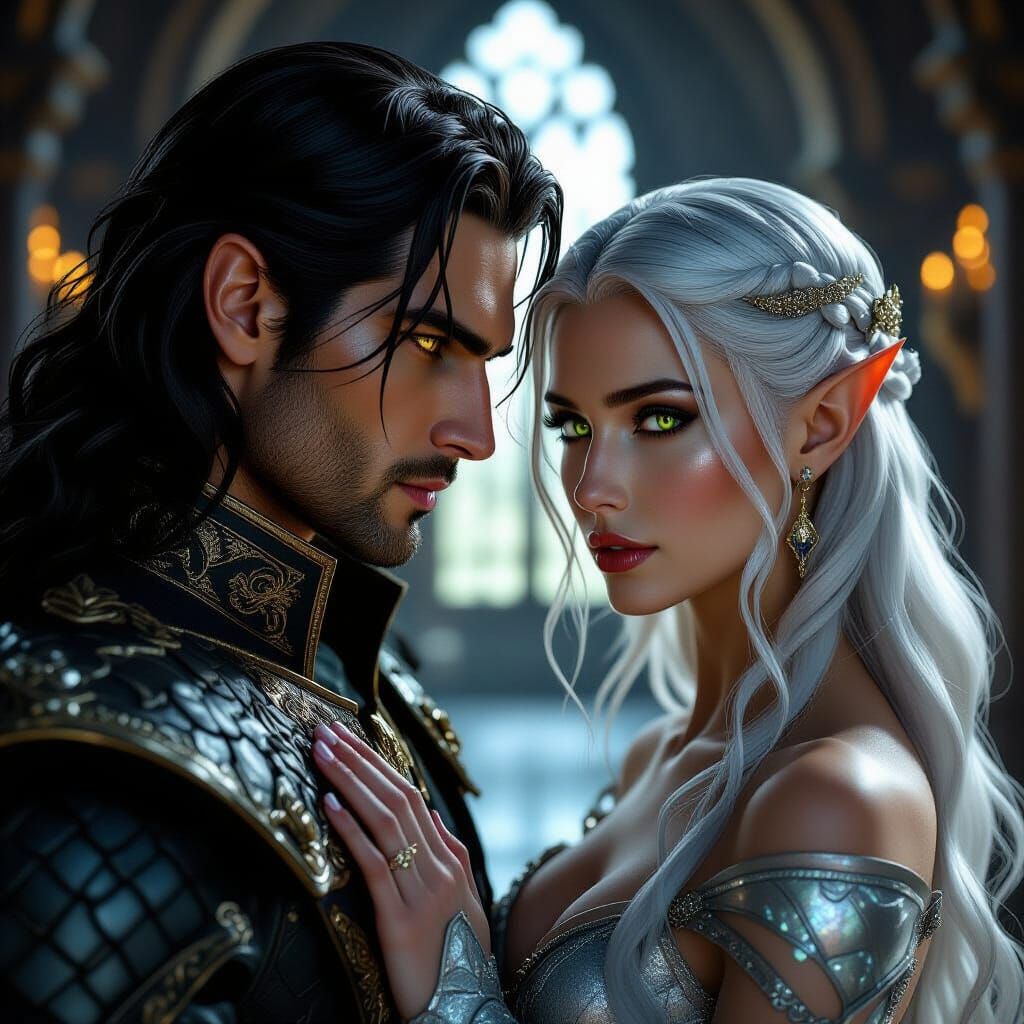 Handsome Man and Elven Woman in Castle Hall
