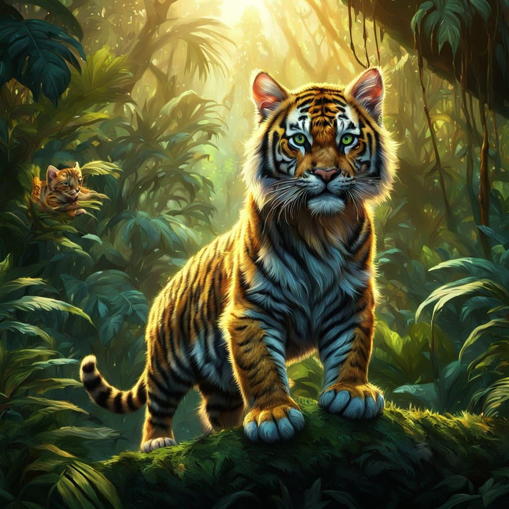 Epic Fantasy Kitten Riding Tiger in Jungle Masterpiece