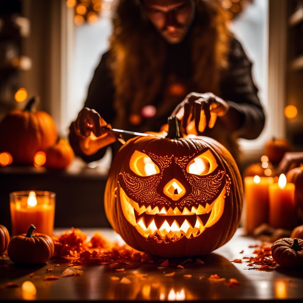 Halloween Pumpkin Carving Scene with Bokeh