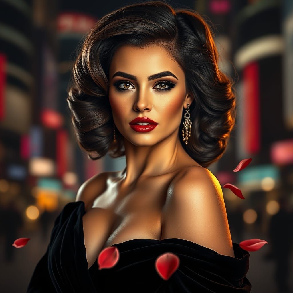 Elegant Woman in Velvet Evening Gown under City Lights