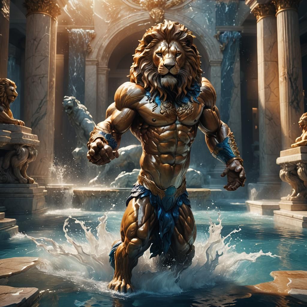 Lion Bodybuilder in Marble Pool: Concept Art