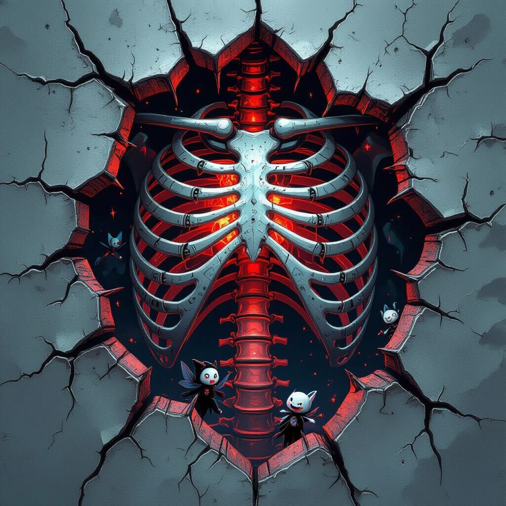 Surreal T-Shirt Design: Torn Fabric Reveals Mechanical Ribca...