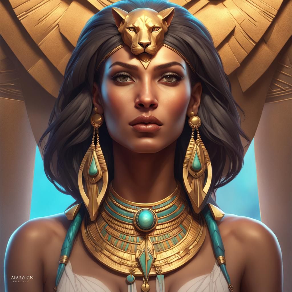 Egyptian Lion Goddess Portrait in Digital Art Style