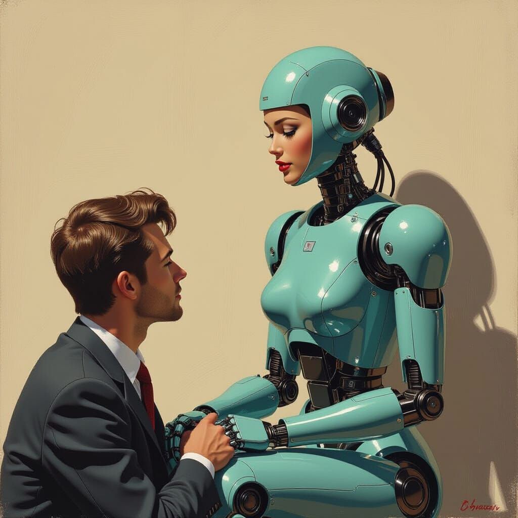 Robot Woman's Heartbreak in Oil Painting Style