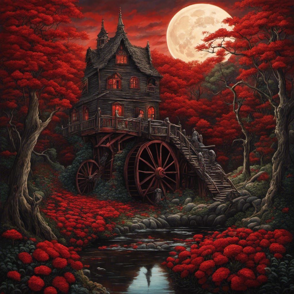 High Gothic Watermill in Tim Burton Style