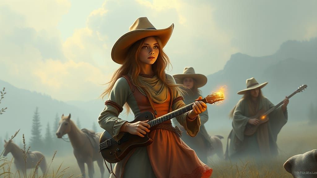 Ethereal Fantasy Scene with Retro Game Characters