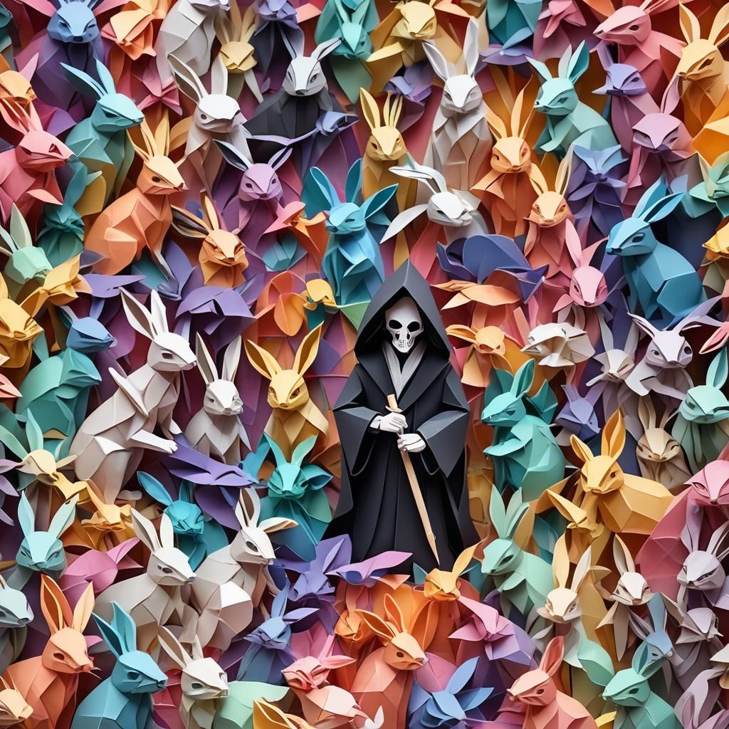 Grim Reaper with Bunnies in Papercraft Style