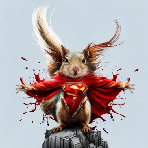 Superhero Squirrel Flying, Hyperreal Splash Art