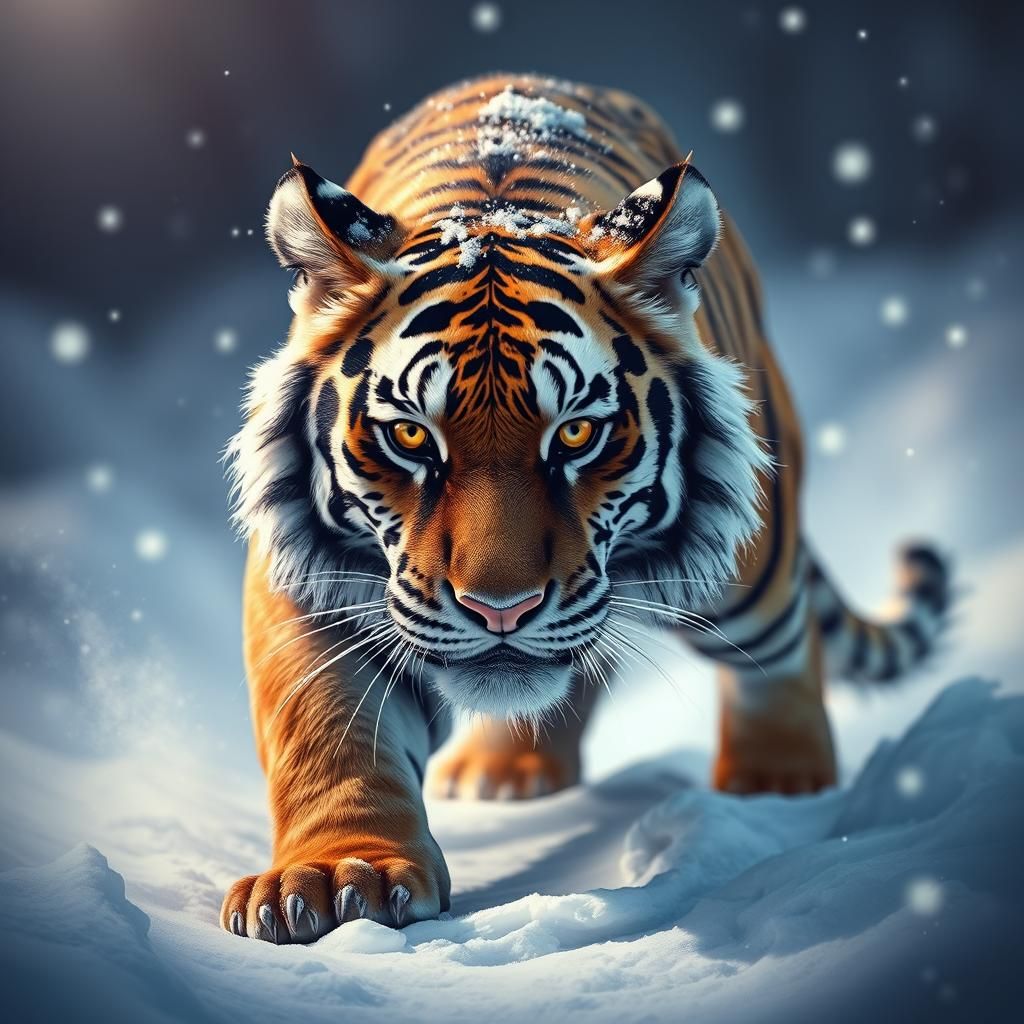 Hyperrealistic Tiger Prowling in the Snow