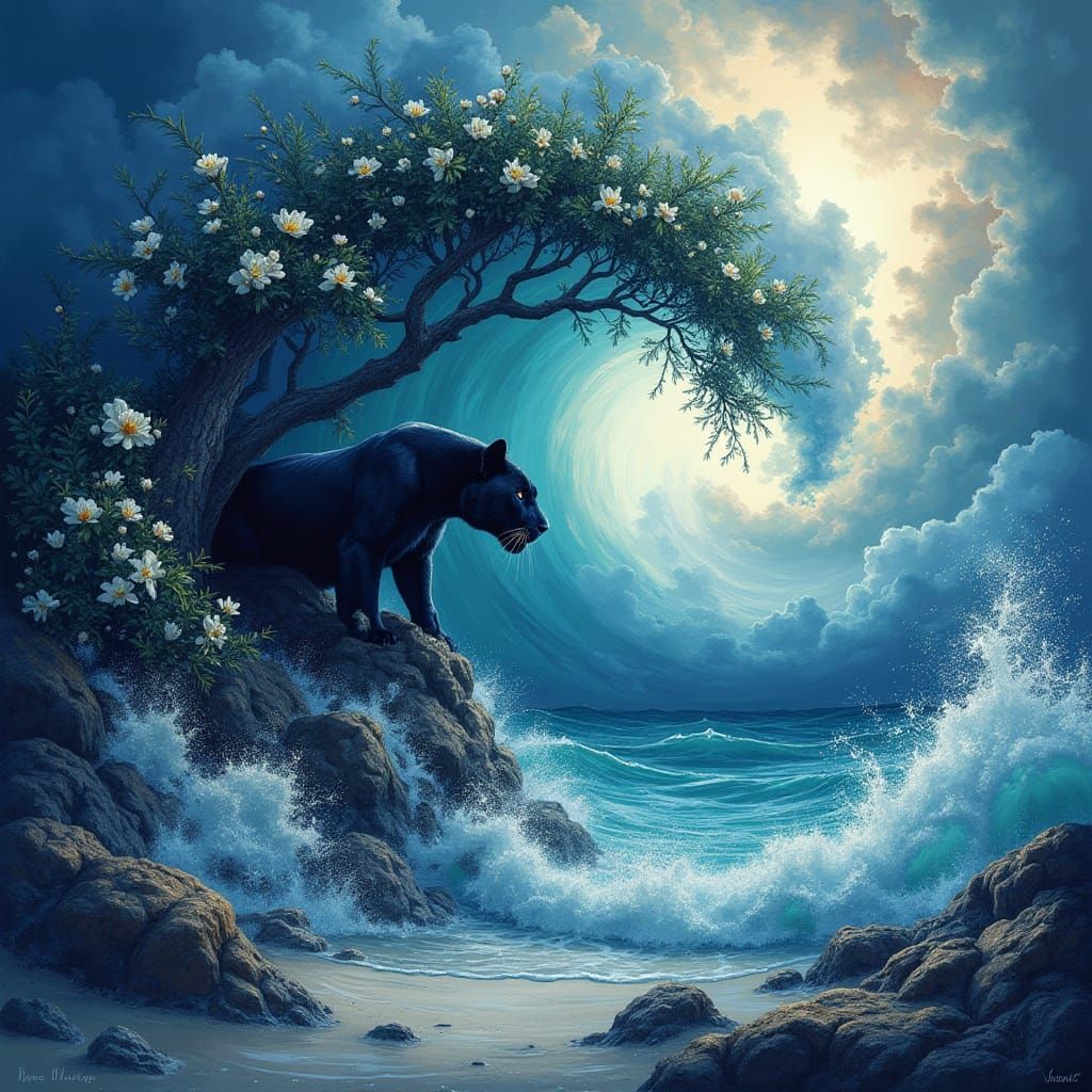 Celestial Panther Emerges from Ethereal Waves