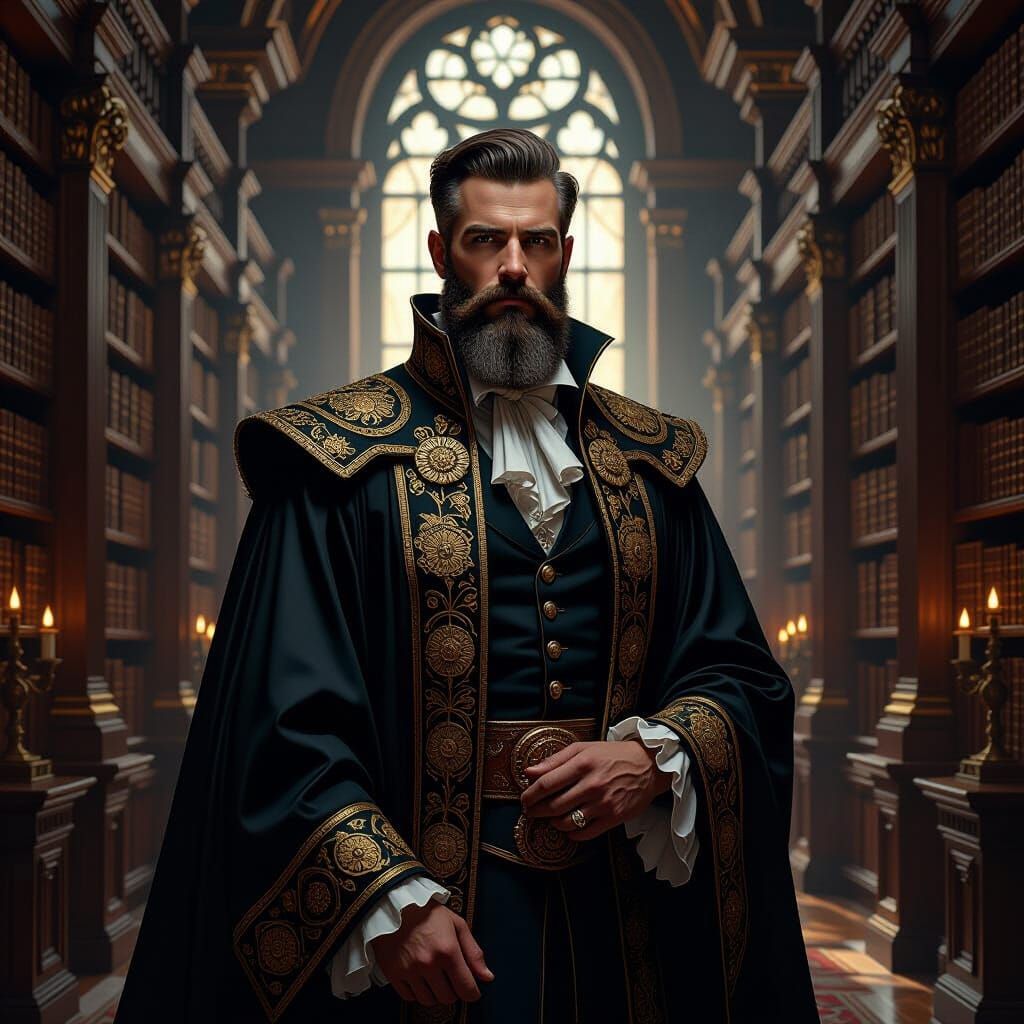 Regal Gentleman in Grand Library, Oil Painting Style