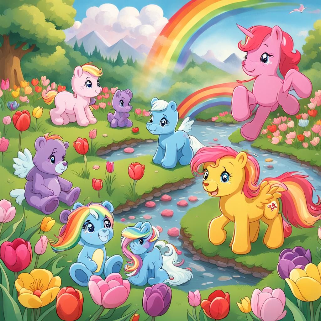 Care Bears and My Little Pony Playing in Rainbow Garden