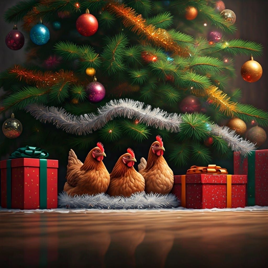 Golden Hens Emerge from a Sparkling Christmas Tree