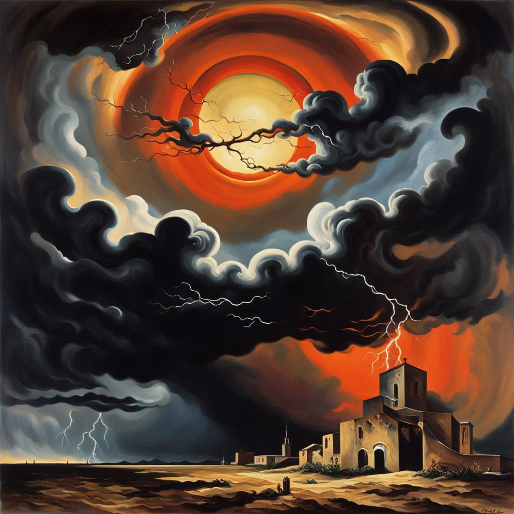 Ominous Dark Sun in Surrealist Oil Painting