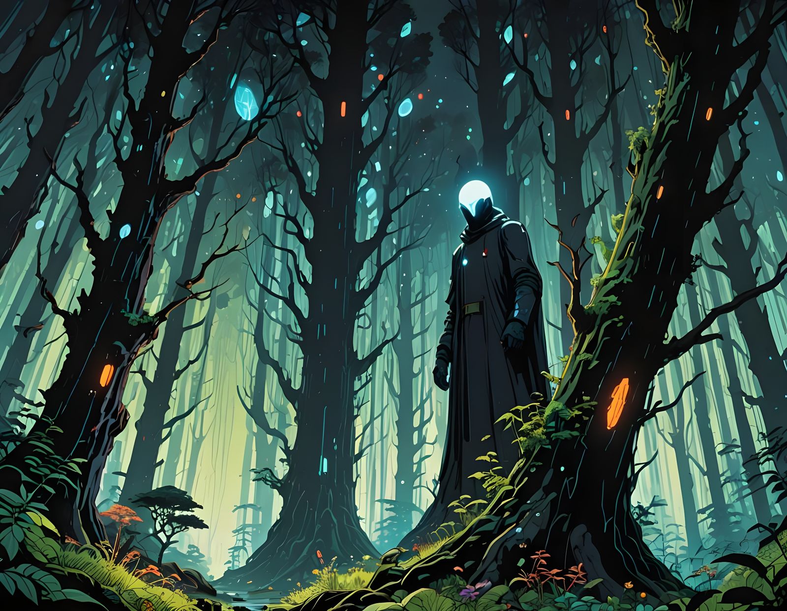 Celestial Spirit Guide in a Towering Black Forest