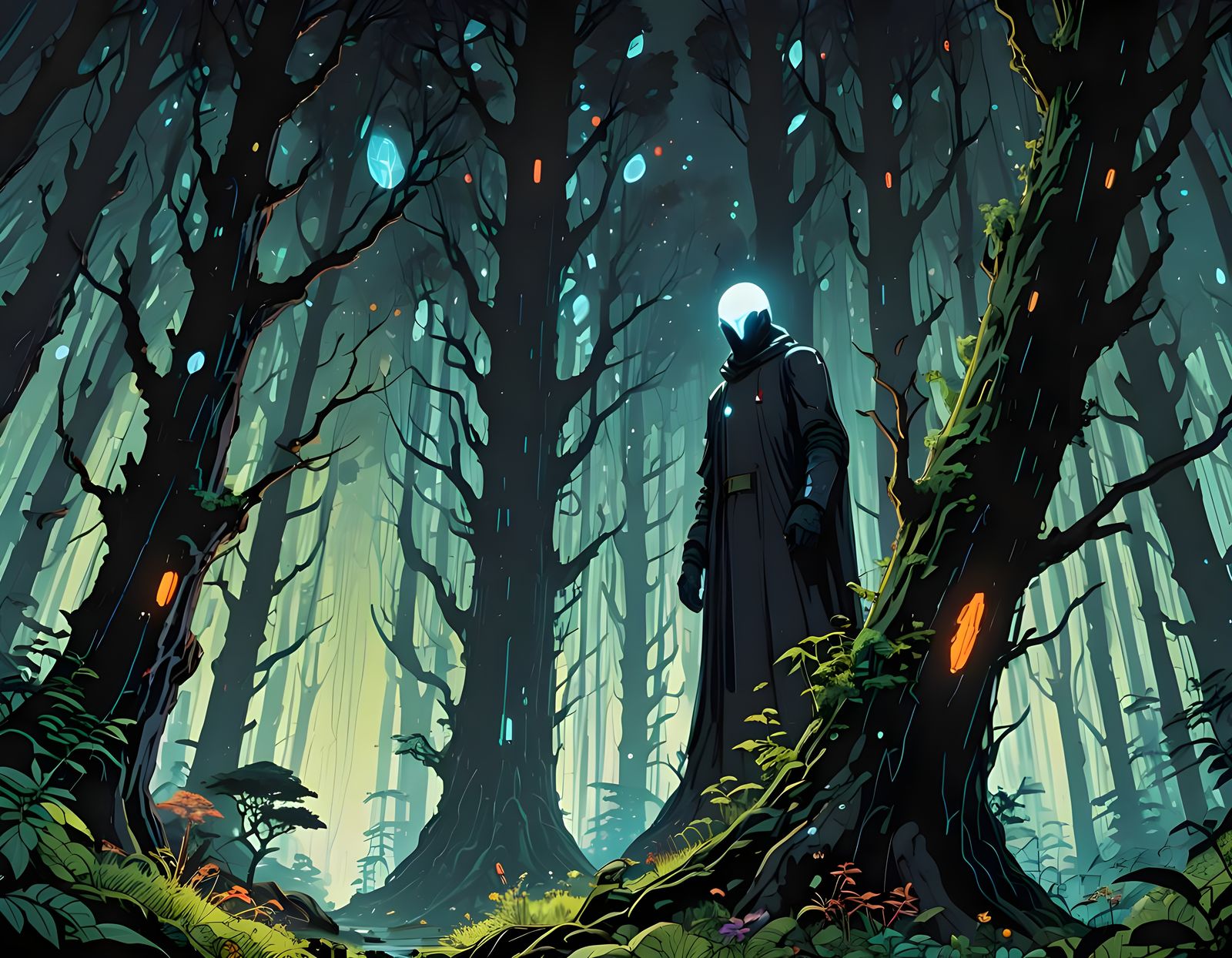 Celestial Spirit Guide in a Towering Black Forest