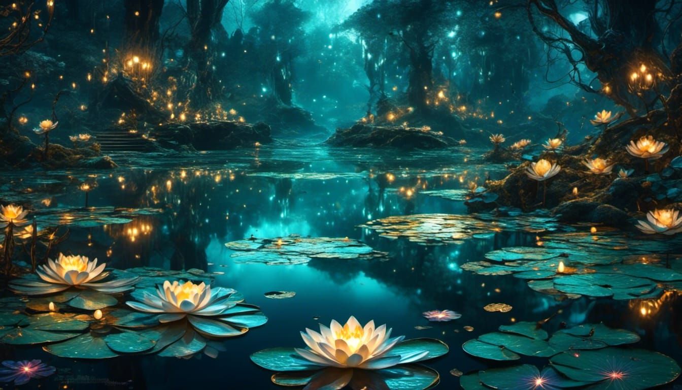 Glittery Fantasy Lake with Water Lilies