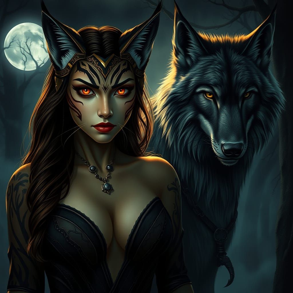 Lynx-Woman and Wolf-Man Couple in Bioluminescent Forest