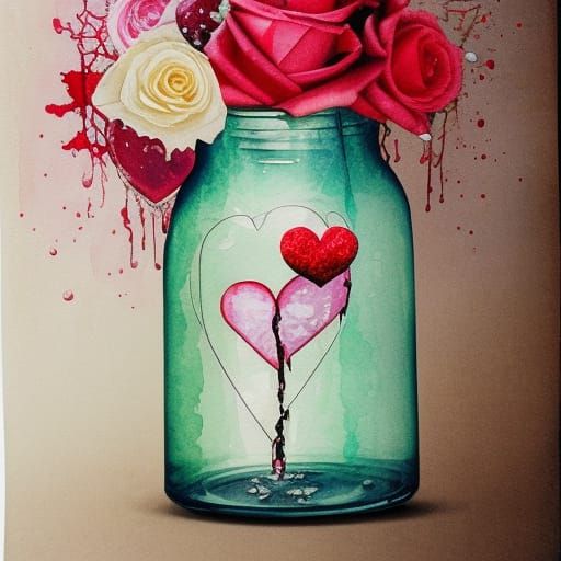 Dripping Watercolor Jar of Patched Hearts