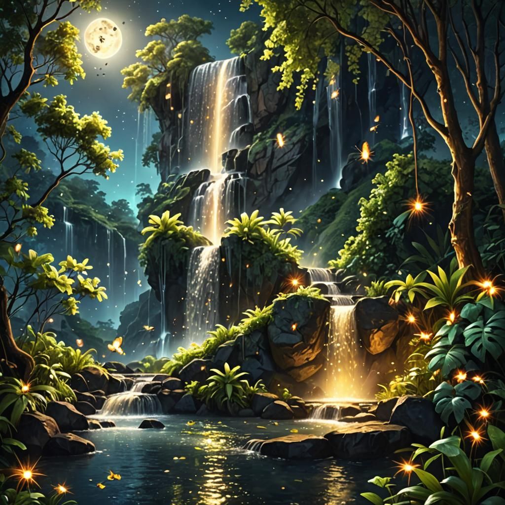 Moonlit Waterfall with Fireflies: Enchanted Digital Painting