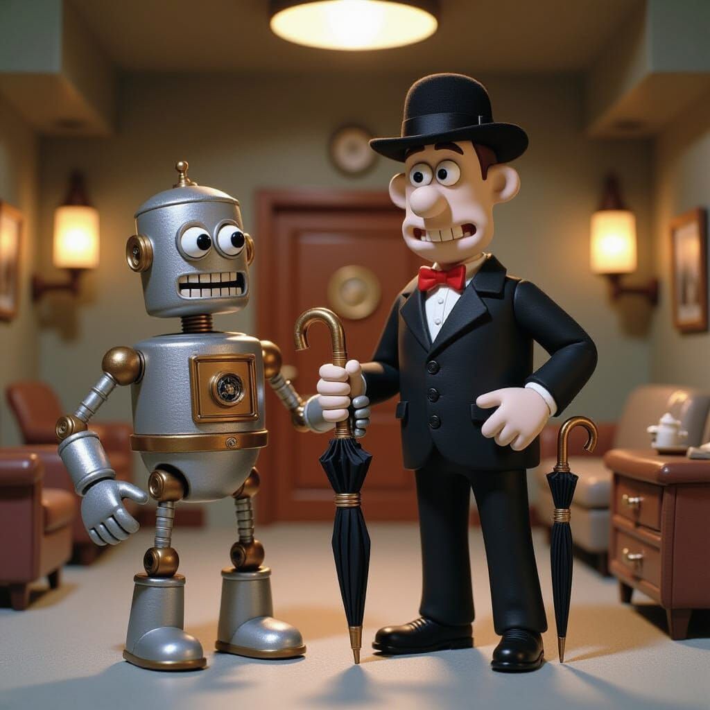 Claymation Super Spy and Robot in Retro Lair