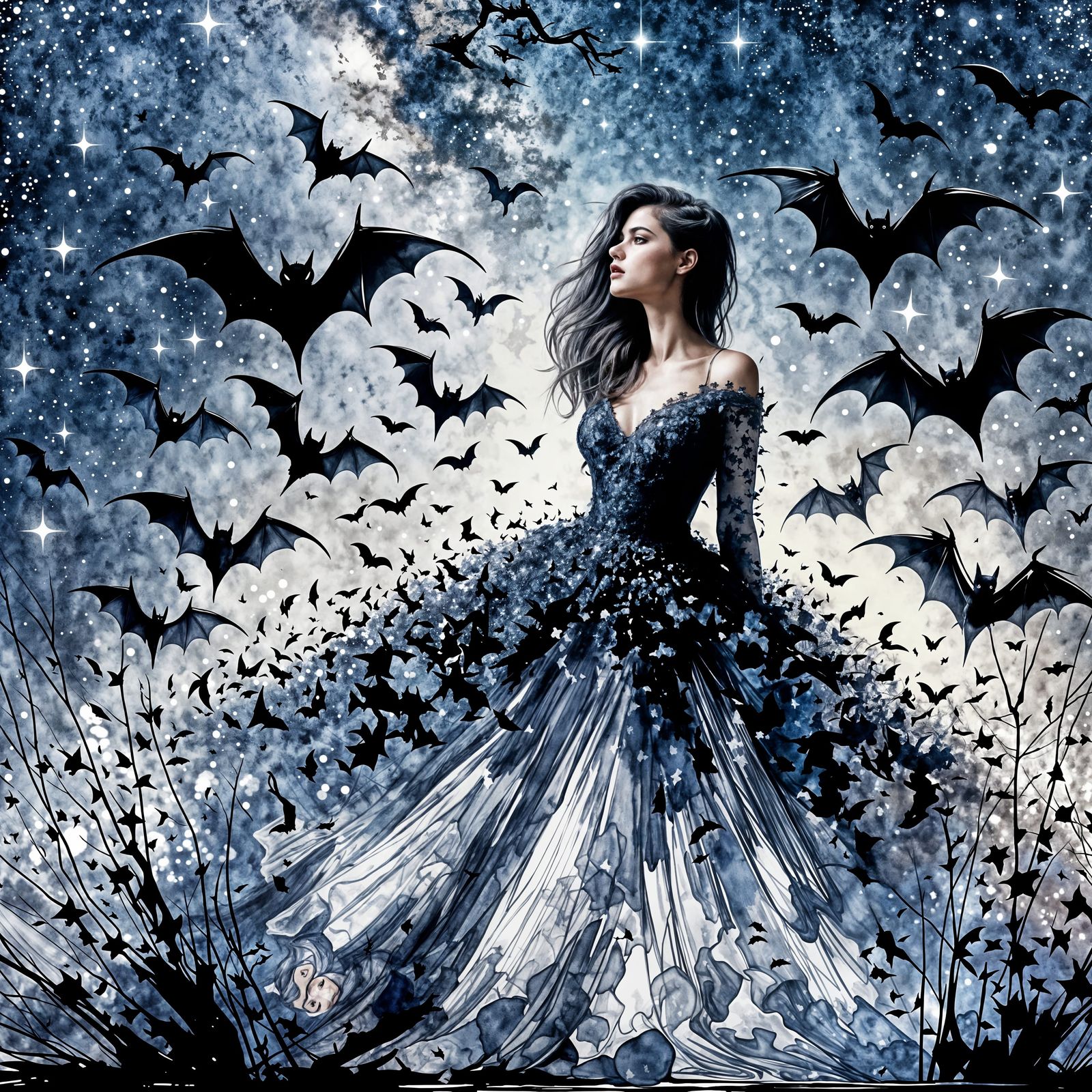 Woman in Bat Gown Under Starry Sky: Impressionistic Style