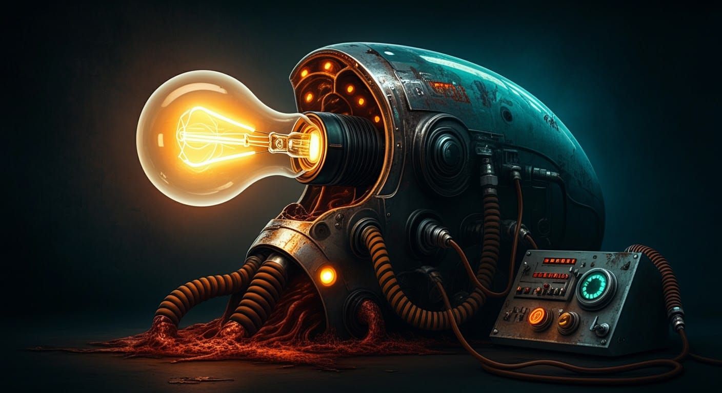 Grotesque Biomechanical Figure with Lightbulb Head
