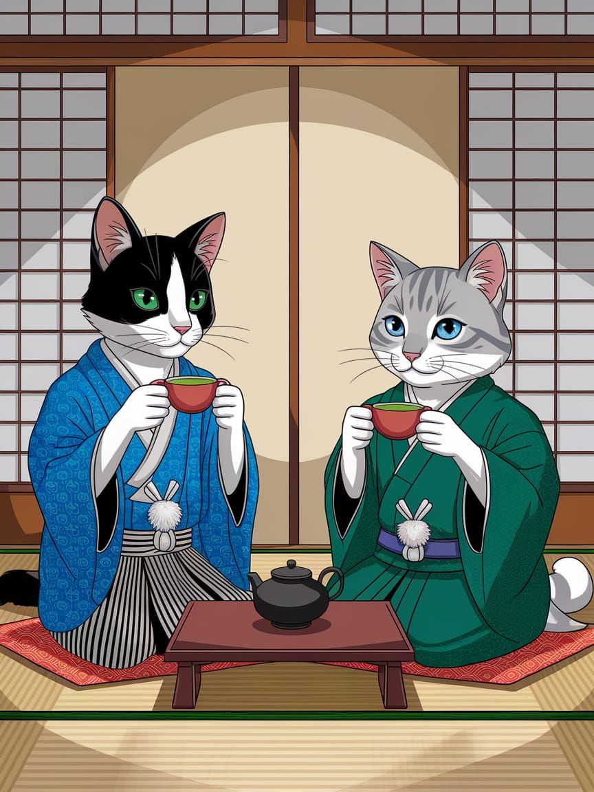 Two Katsu Drinking Green Tea in Ukiyo-E Style
