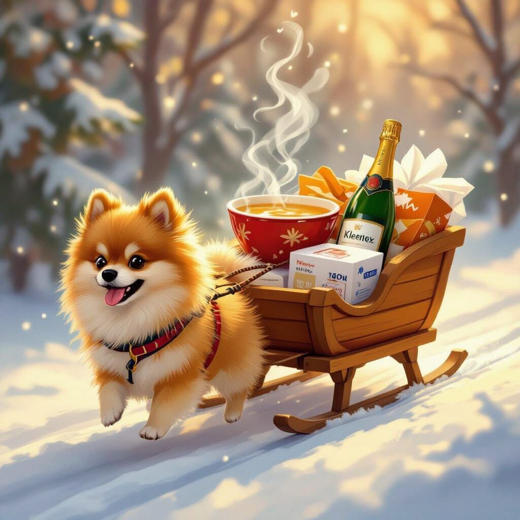 Determined Pomeranian Pulls Sleigh with Get-Well Gifts